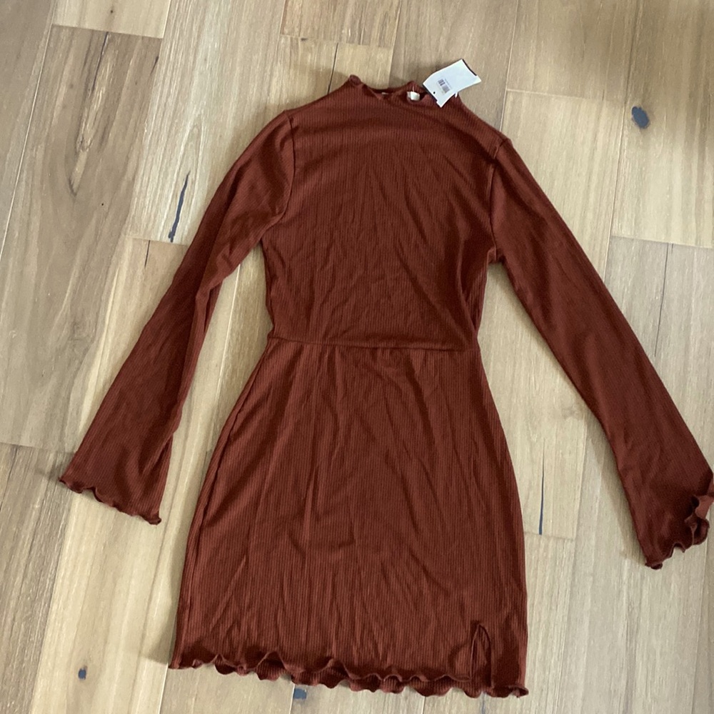 Dry Goods mini brown polyester/rayon dress with bell sleeves